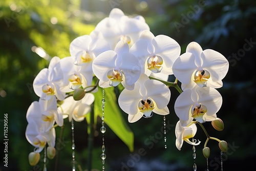 a group of white orchids with drops of water hanging from it s stems in front of a green background.