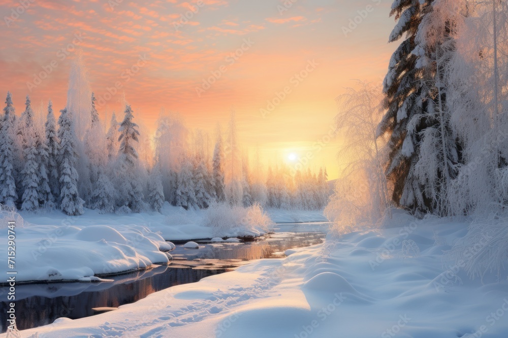  a river running through a snow covered forest next to a forest filled with snow covered trees and snow covered ground.