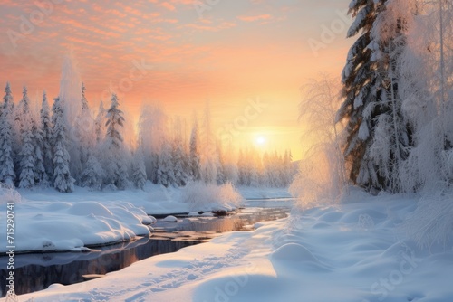  a river running through a snow covered forest next to a forest filled with snow covered trees and snow covered ground.