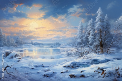  a painting of a snowy landscape with a lake in the foreground and trees on the other side of the lake. © Nadia