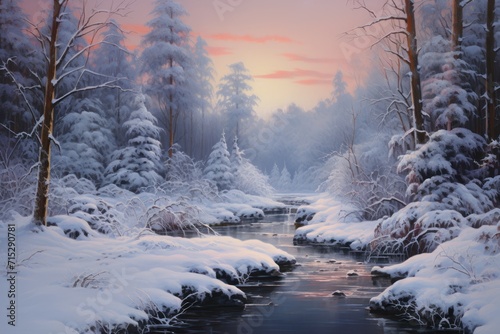  a painting of a winter scene with a stream in the foreground and snow - covered trees in the background.