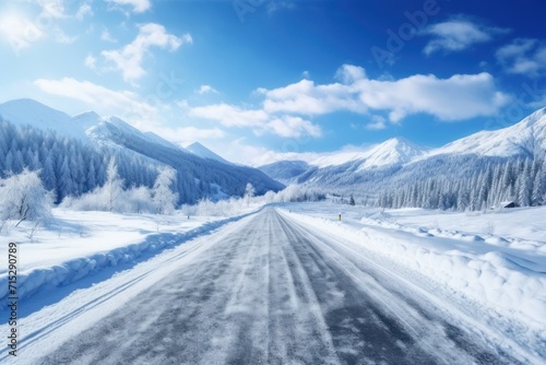  a snow covered road in the middle of a snowy mountain range with snow on the ground and trees on both sides of the road.