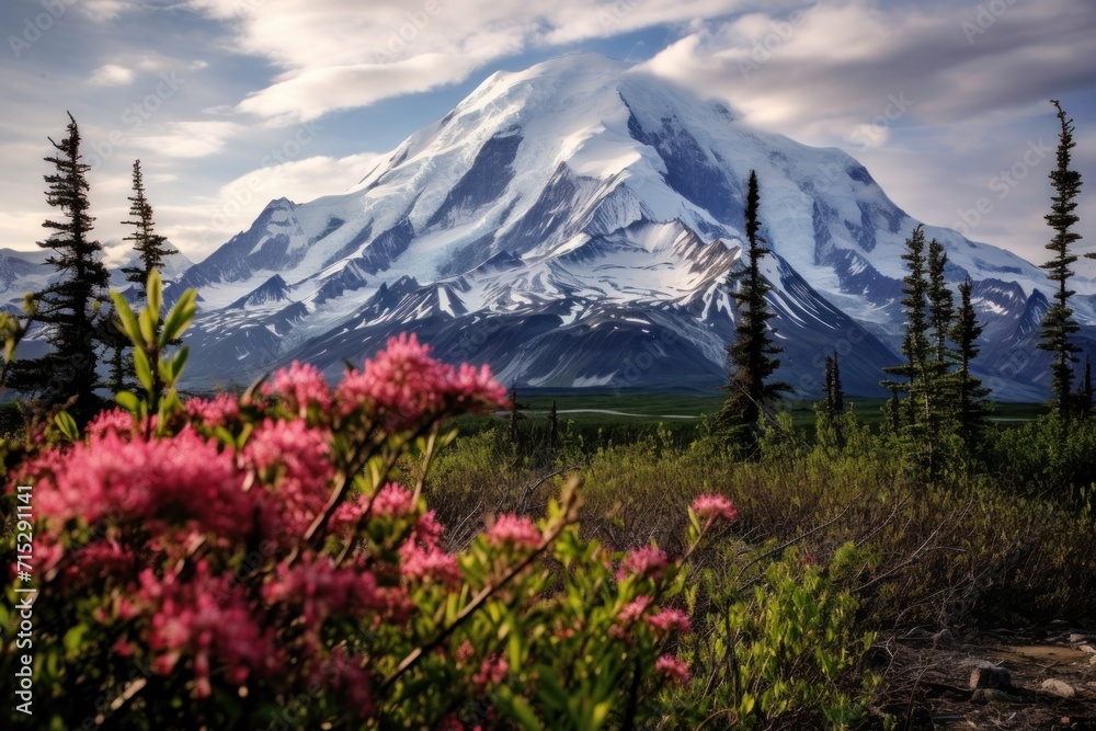  a snow covered mountain in the distance with pink flowers in the foreground and green trees in the foreground.