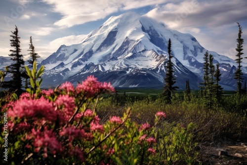  a snow covered mountain in the distance with pink flowers in the foreground and green trees in the foreground.