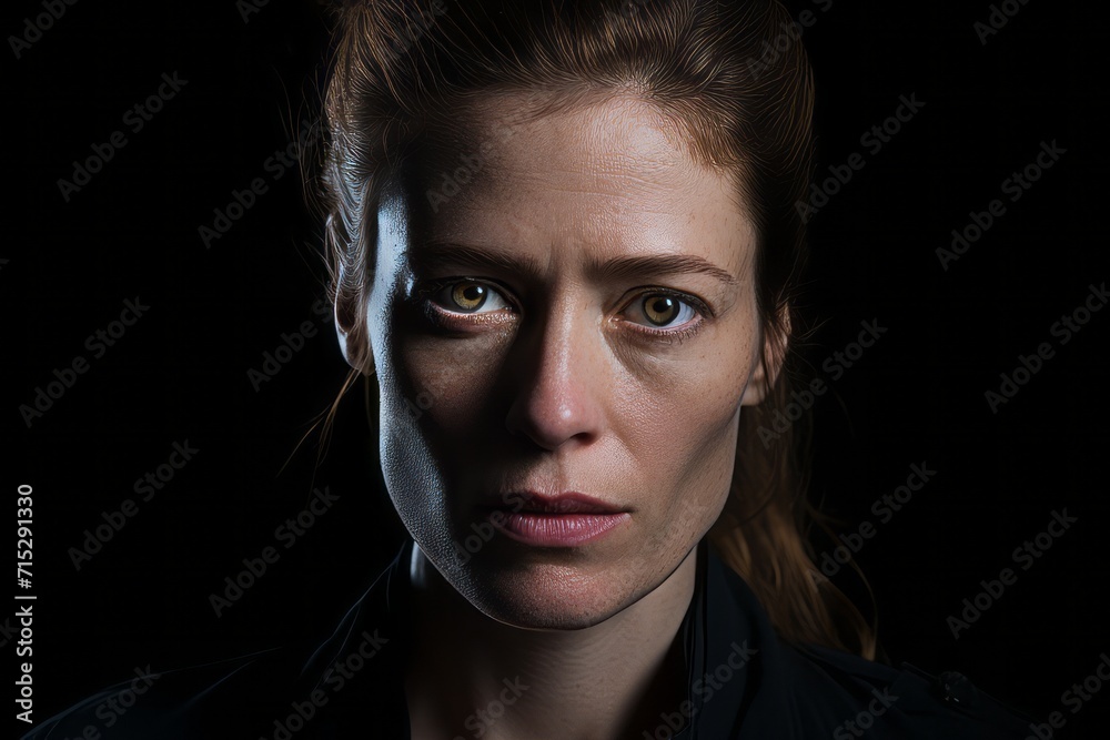 Portrait of a young woman looking at camera on a black background Portrait of a young woman looking at camera on a black background