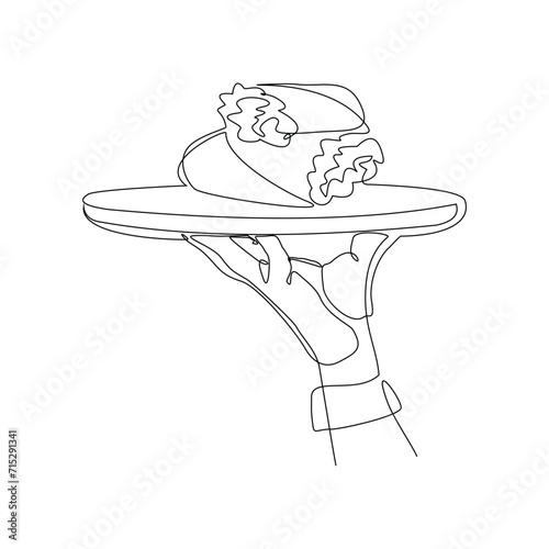 Continuous single line sketch drawing of waitress hand holding tray with shawarma kebab burrito meat. One line art of delicious meal fast food restaurant serving vector illustration