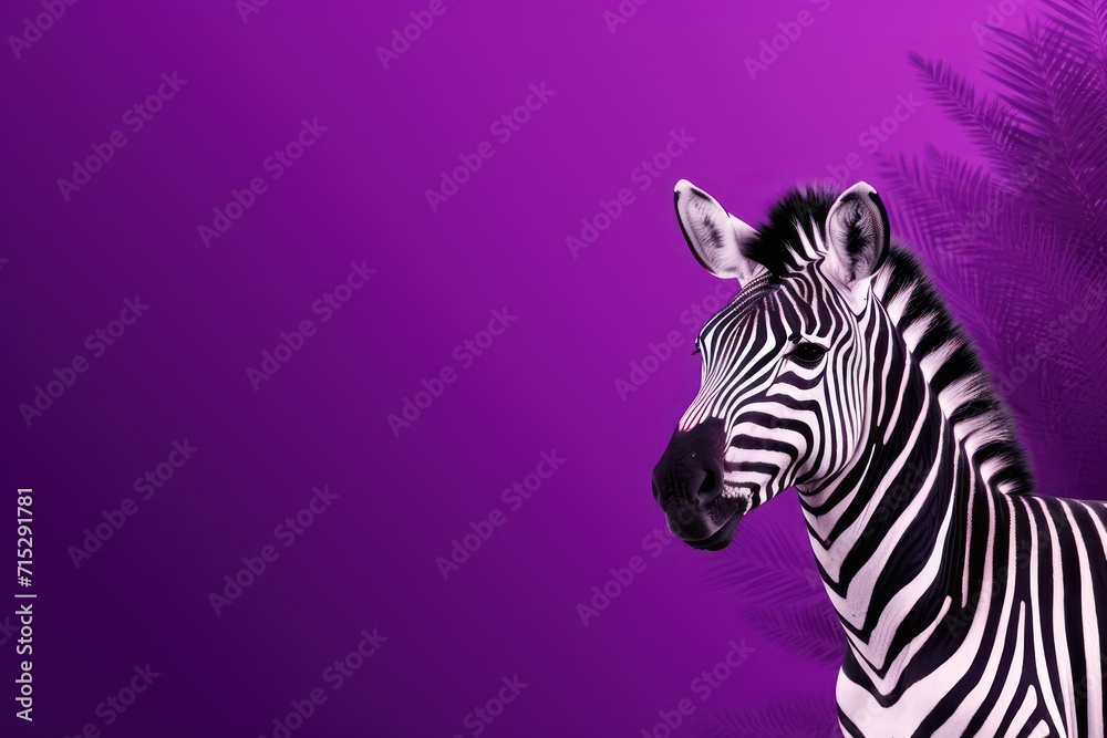 a zebra standing in front of a purple background with a palm tree in the foreground and a palm tree in the background. a zebra standing in front of a purple background with a palm tree in the foreground and a palm tree in the background.
