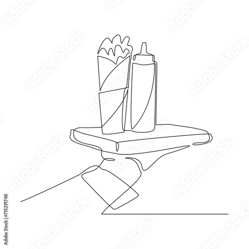 Continuous single line sketch drawing of waitress hand holding tray with shawarma kebab burrito meat. One line art of delicious meal fast food restaurant serving vector illustration