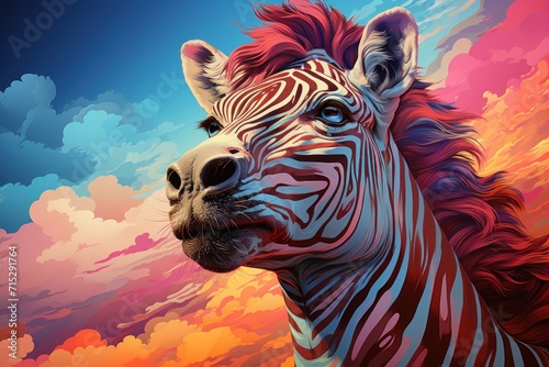 a close up of a zebra s face in front of a colorful sky with clouds and clouds in the background.
