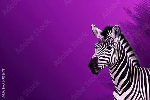  a zebra standing in front of a purple background with a palm tree in the foreground and a palm tree in the background.