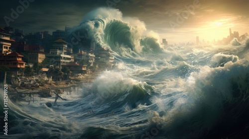 A large tsunami flood wave destroys a city with skyscrapers next to the ocean. A natural disaster.