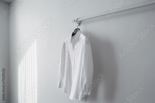 White dress shirt hanging on a wooden hanger against a neutral wall.