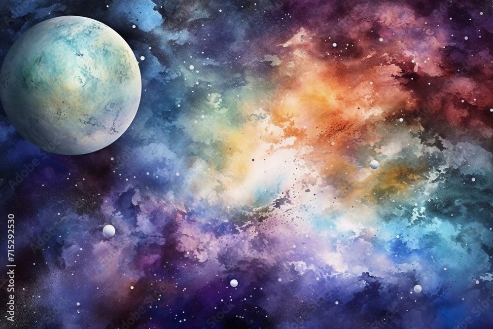 An artistic depiction of a watercolor space backdrop featuring a galaxy and planet. Generative AI - obrazy, fototapety, plakaty 