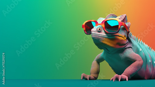 closeup of a colorful chameleon lizard, chameleon wearing sunglasses on a solid color background, vector art, digital art, faceted, minimal, abstract, Wild chameleon in jungle, Generative Ai photo