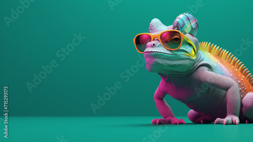 closeup of a colorful chameleon lizard, chameleon wearing sunglasses on a solid color background, vector art, digital art, faceted, minimal, abstract, Wild chameleon in jungle, Generative Ai photo