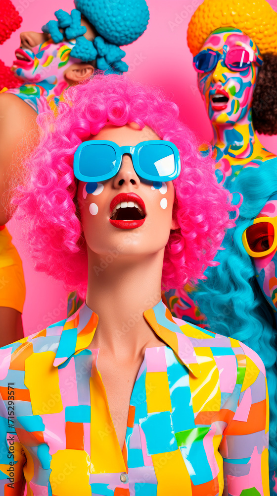 A frightened surprised woman with pink curly hair and blue glasses stands out against a bright patterned background, representing excitement and a colorful lifestyle. Abstract crazy funny ad. A frightened surprised woman with pink curly hair and blue glasses stands out against a bright patterned background, representing excitement and a colorful lifestyle. Abstract crazy funny ad.