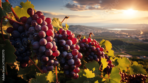  Grapes on the vine in the evening glow. Nature background with Vineyard in autumn harvest