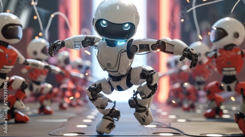Cartoon scene A robot confidently performing a breakdancing routine but accidentally trips over its own cables and falls flat on its face – much to the delight o