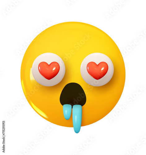 In Love Face Emoji with Hearts instead of eyes, open mouth drooling. Emotion 3d cartoon icon. Yellow round emoticon. Vector illustration