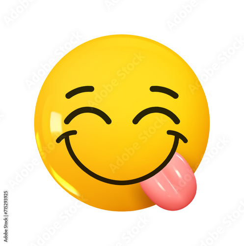 Emoji Face Savoring Food. Emotion 3d cartoon icon. Yellow round emoticon. Vector illustration