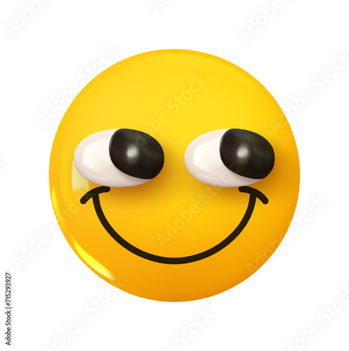 Joyful Satisfied Smiling Happy Shy Face Emoji. Emotion 3d cartoon icon. Yellow round emoticon. Vector illustration