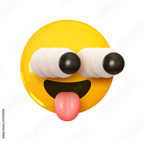 Emoji with protruding eyes and lolling tongue. Emotion 3d cartoon icon. Yellow round emoticon. Vector illustration