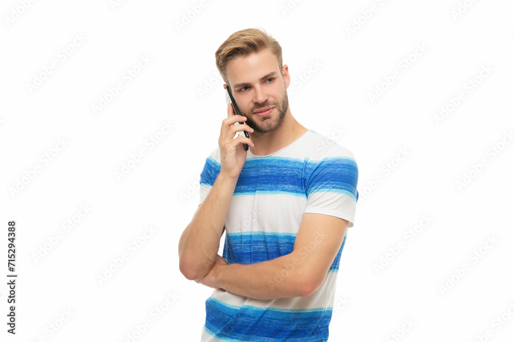 Phone call. Mobile communication. Communication. Man speak on smartphone isolated on white. Millennial man has phone conversation. Voice contact. Man talk on smartphone. Answerphone Phone call. Mobile communication. Communication. Man speak on smartphone isolated on white. Millennial man has phone conversation. Voice contact. Man talk on smartphone. Answerphone