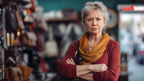 A dissatisfied lady shopper in store with arms crossed