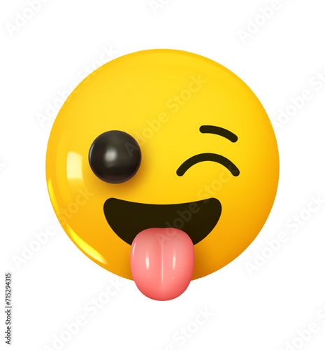 Emoji Winking face with tongue out. Emotion 3d cartoon icon. Yellow round emoticon. Vector illustration