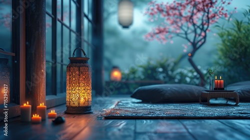 Ramadan Background. Lantern, dish of dates and Quraan on Ramadan colorful fabric photo