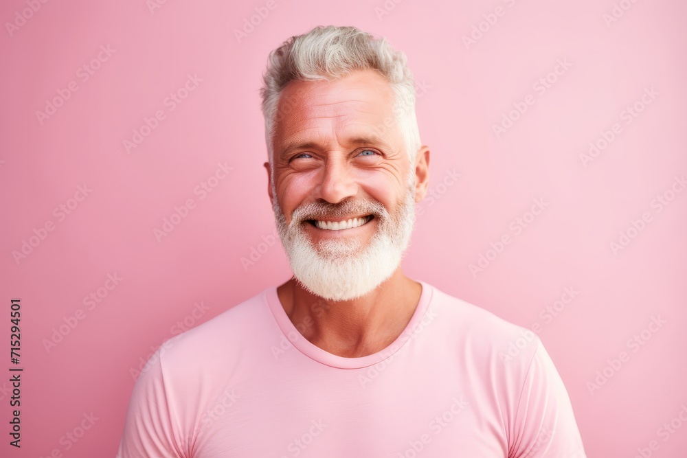 Portrait of happy senior man with white beard looking at camera and smiling while standing against pink background Portrait of happy senior man with white beard looking at camera and smiling while standing against pink background