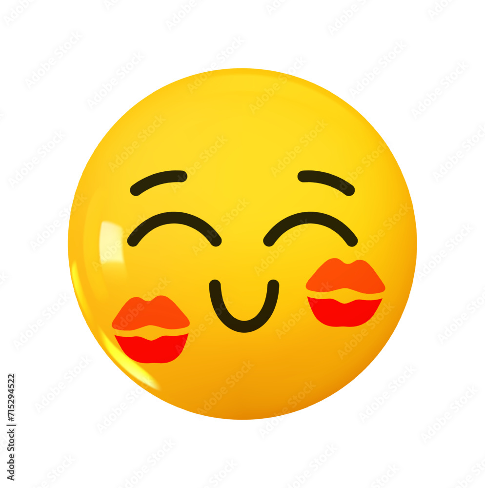 Emoji happy with kiss marks on his cheeks. Emotion 3d cartoon icon. Yellow round emoticon. Vector illustration Emoji happy with kiss marks on his cheeks. Emotion 3d cartoon icon. Yellow round emoticon. Vector illustration