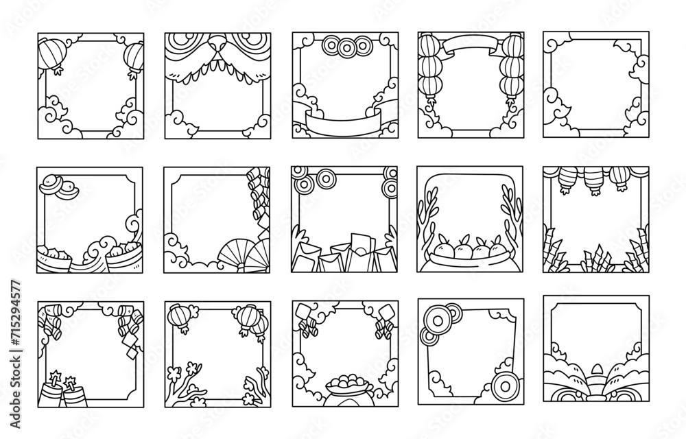 Chinese new year frame outline sketch vector illustration set