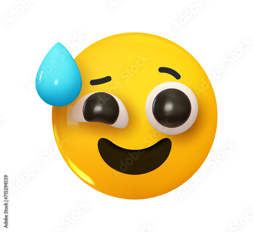 Grinning Face with Sweat Emoji. Emotion 3d cartoon icon. Yellow round emoticon. Vector illustration