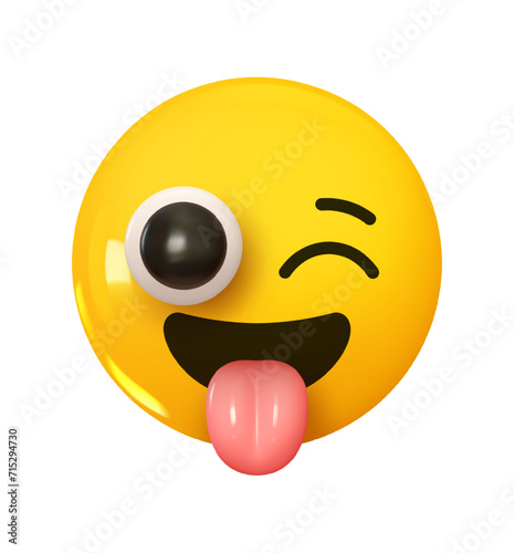 Emoji Winking face with tongue out. Emotion 3d cartoon icon. Yellow round emoticon. Vector illustration