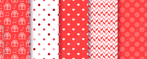 Seamless backgrounds. Valentine's day pattern. Prints with heart, polka dot, gift and herring bone. Set red pink love textures. Collection wrapping papers. Vector illustration. Romantic scrap design