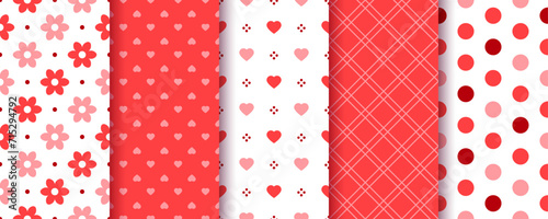 Valentine's day seamless pattern. Cute background. Red pink textures with heart, flower, polka dot and check. Set romantic girly prints. Love wrapping papers. Holiday backdrops. Vector Illustration