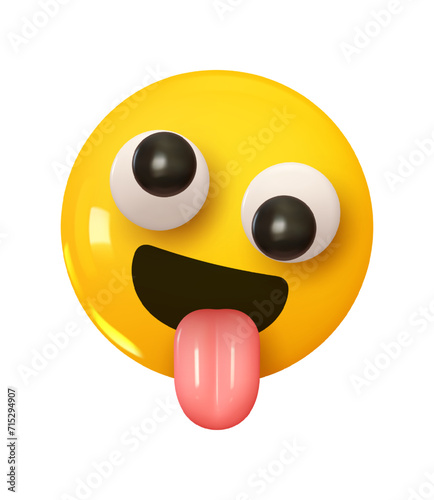 Zany Stupid Face Emoji. Emotion 3d cartoon icon. Yellow round emoticon. Vector illustration
