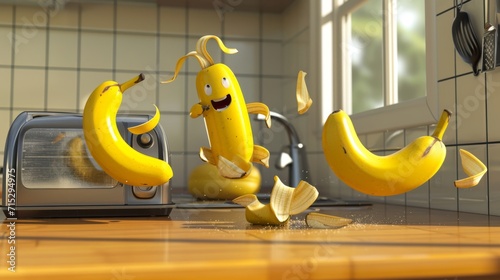 Three bananas on a kitchen counter practicing their breakdancing skills one slipping on a rogue banana peel and accidentally flipping over a nearby toaster