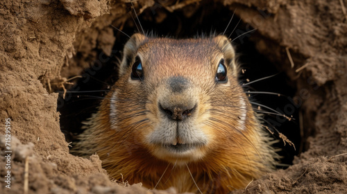 Closeup of a marmots face framed by the opening of its burrow its inquisitive expression and twitching whiskers capturing the playful and curious nature of these creatures