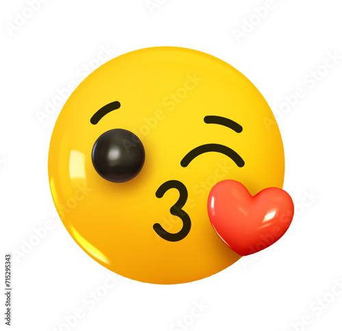 Emoji Person sending air kiss to red heart. Emotion 3d cartoon icon. Yellow round emoticon. Vector illustration