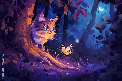Cute cat playing with a butterfly in a forest at night. Colorful handdrawn illustration of beautiful animals.