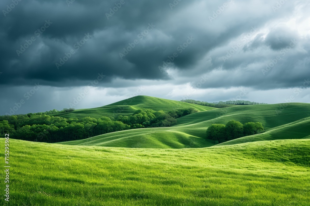 Rolling green hills under a stormy sky. Rolling green hills under a stormy sky.