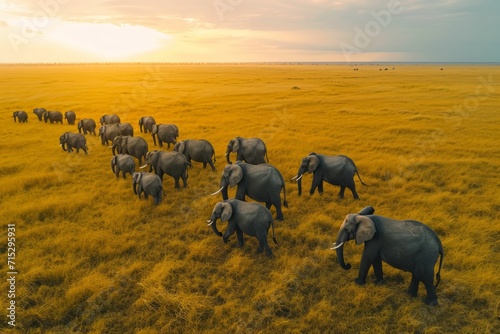 Herd of elephants roaming through the grasslands.