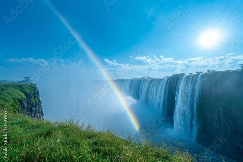Majestic view of waterfall and rainbow with its thunderous water spray.