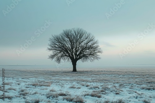 Minimalist landscape of a lone tree in an open field. photo