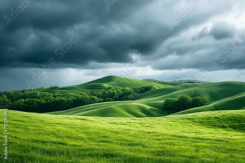 Rolling green hills under a stormy sky. © Manyapha