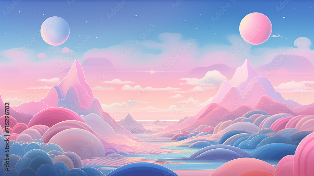 Surreal pastel landscape background featuring dreamlike vistas, abstract geometric circles, and ethereal hues, composition that blurs the line between reality and fantasy Ai Generative