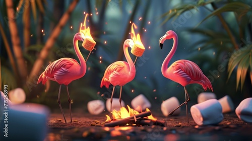 Cartoon scene of a roasting marshmallow contest but instead of using sticks the flamingos are using their long beaks to perfectly toast their treats. Its a birdeatbir