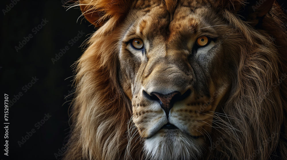 Majestic male lion with a full mane, gazing intently against a dark background